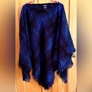 Chaps Blue Knit Poncho with Fringe Serape Boho Chic Hippie Cozy Casual Draping